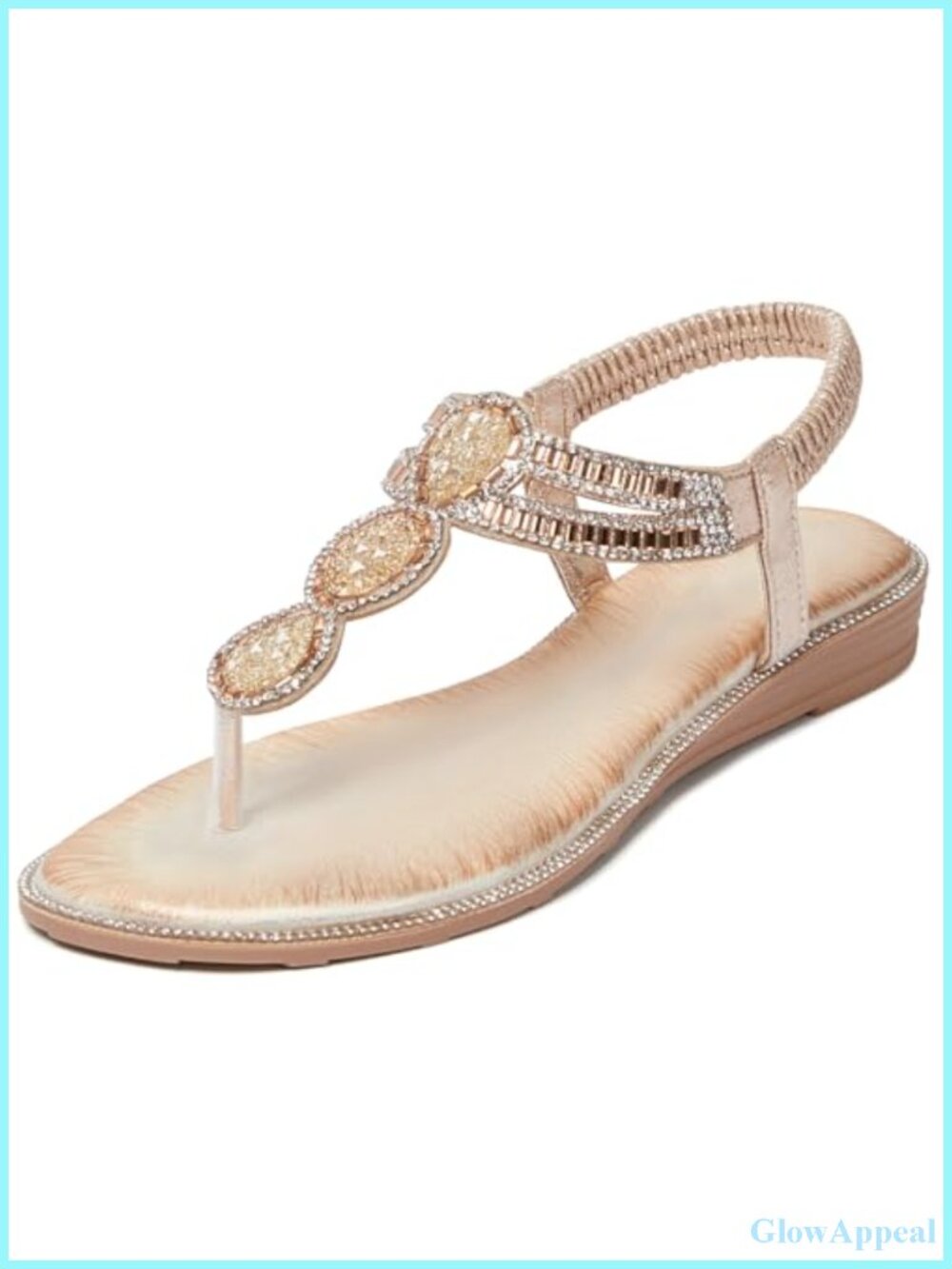 Rhinestone Flat Sandals T-Strap Adjustable Ankle Strap PU Leather